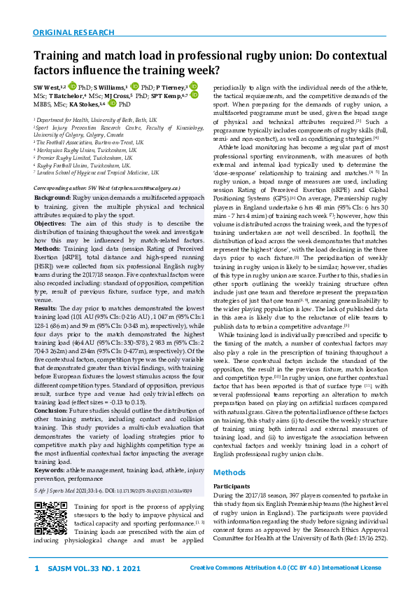 (PDF) Training and match load in professional rugby union: Do ...