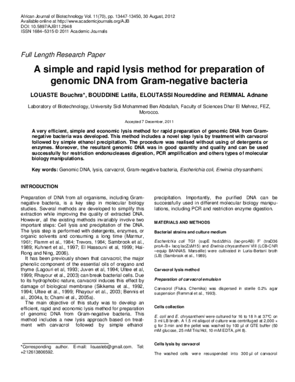 (PDF) A simple and rapid lysis method for preparation of genomic DNA ...