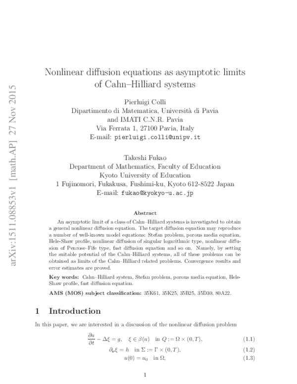 (PDF) Nonlinear diffusion equations as asymptotic limits of Cahn ...