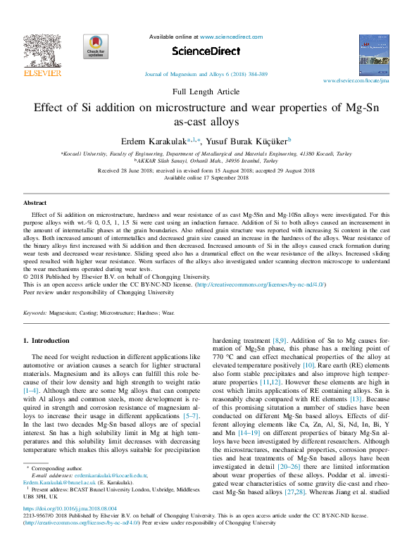(PDF) Effect of Si addition on microstructure and wear properties of Mg ...