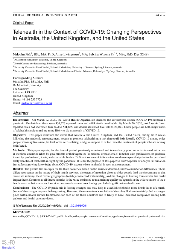 (PDF) Telehealth in the Context of COVID-19: Changing Perspectives in ...
