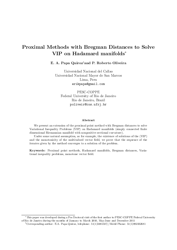 (PDF) Proximal Methods with Bregman Distances to Solve VIP on Hadamard ...