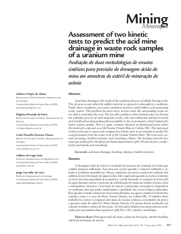 (PDF) Assessment of two kinetic tests to predict the acid mine drainage ...