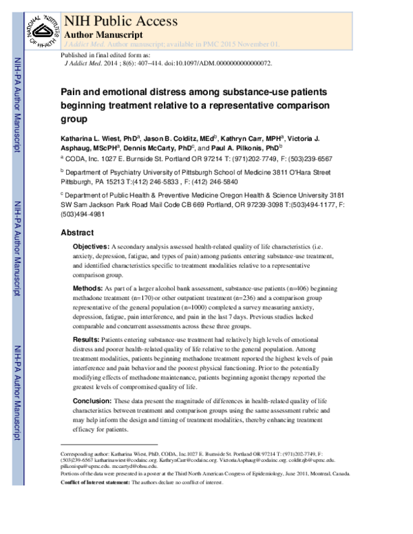 (PDF) Emotional Distress and Pain in Substance-Use Treatment Patients