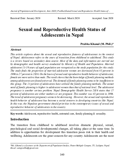 (PDF) Sexual and Reproductive Health Status of Adolescents in Nepal