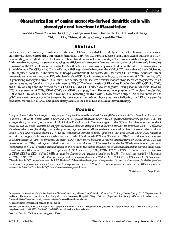 (PDF) Characterization of canine monocyte-derived dendritic cells with ...