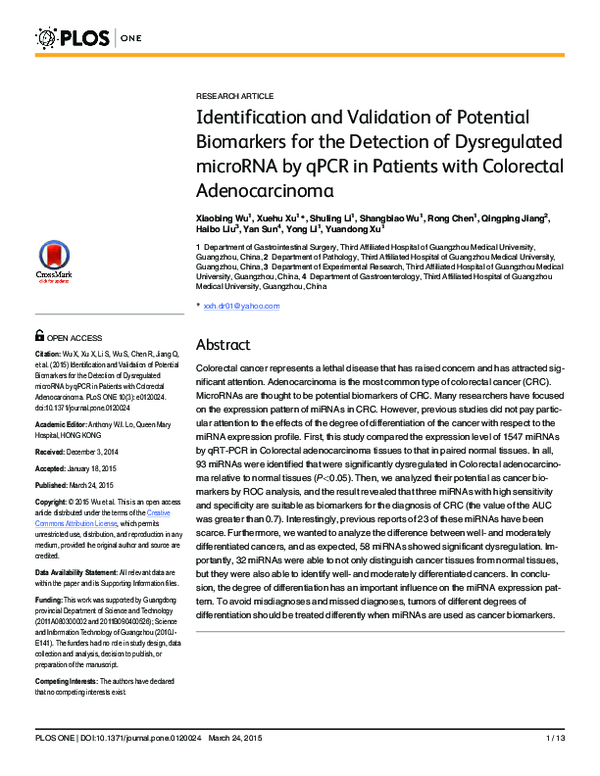 (PDF) Identification and Validation of Potential Biomarkers for the ...