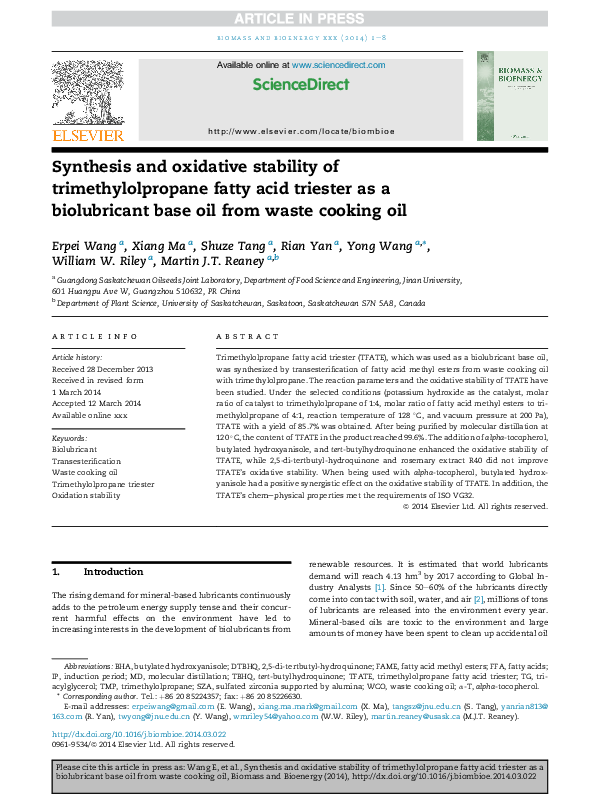 (PDF) Synthesis and oxidative stability of trimethylolpropane fatty ...