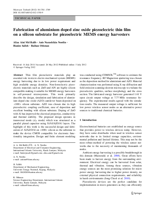 (PDF) Fabrication of aluminium doped zinc oxide piezoelectric thin film