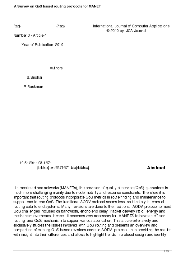 (PDF) A Survey on QoS based routing protocols for MANET