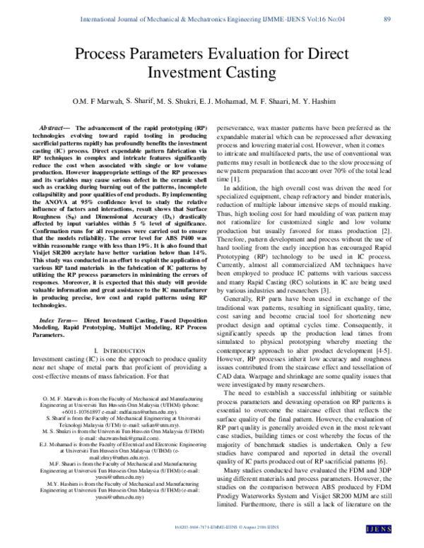 (PDF) Process parameters evaluation for direct investment casting