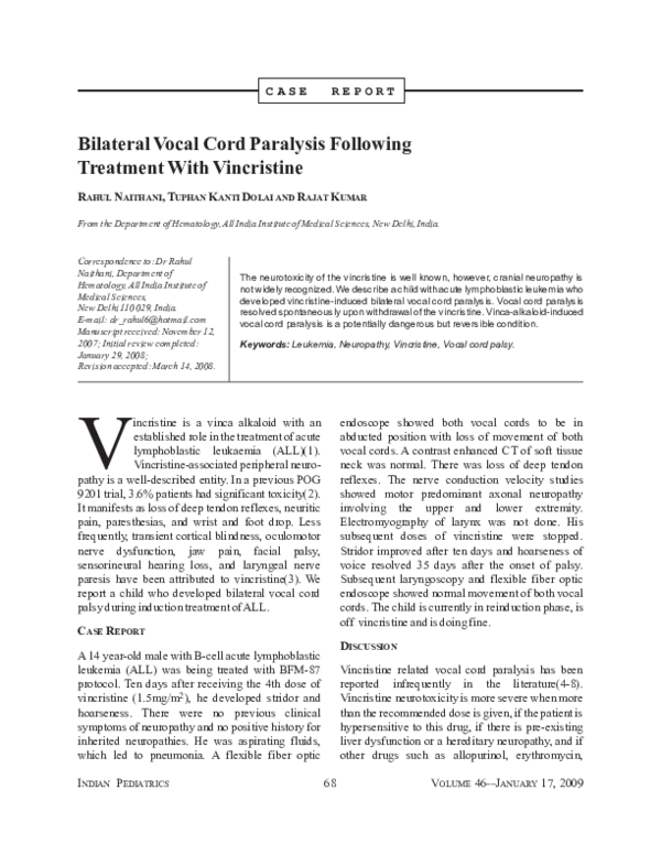 (PDF) Bilateral vocal cord paralysis following treatment with vincristine