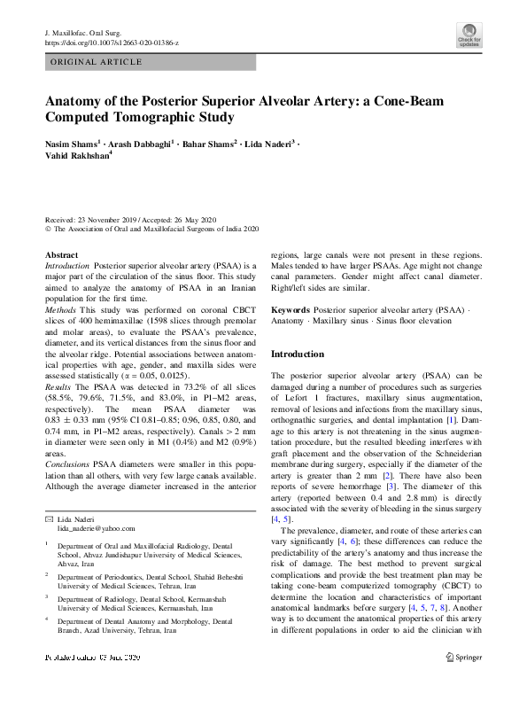 (PDF) Anatomy of the Posterior Superior Alveolar Artery: a Cone-Beam ...