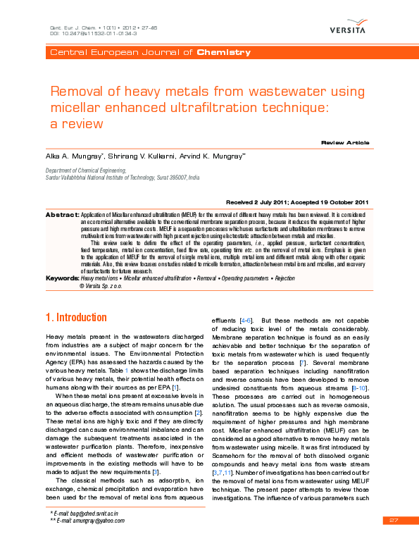 (PDF) Removal of heavy metals from wastewater using micellar enhanced ...