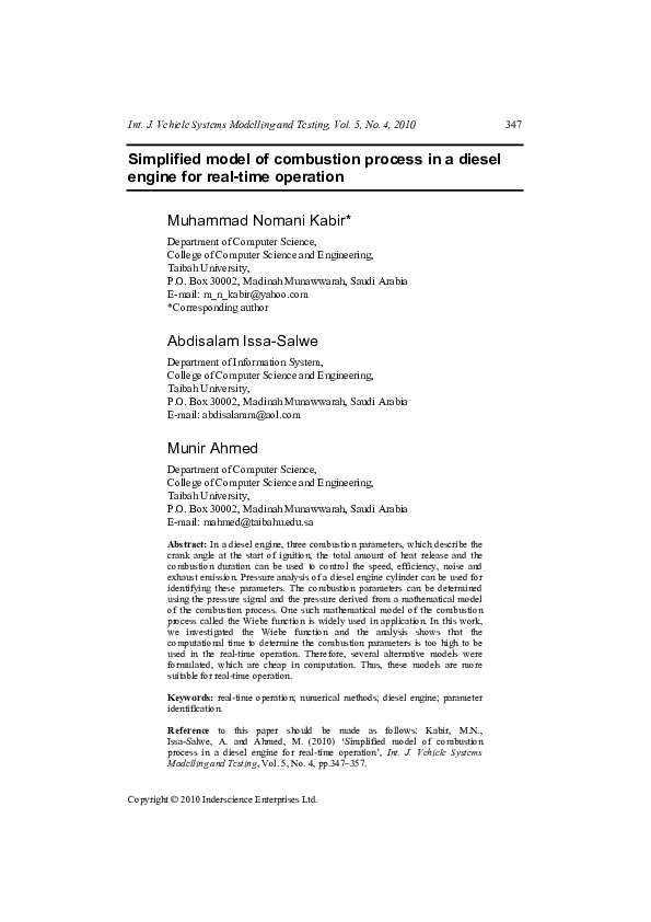 (PDF) Simplified model of combustion process in a diesel engine for ...