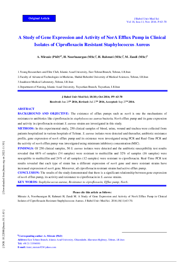 (PDF) A Study of Gene Expression and Activity of NorA Efflux Pump in ...