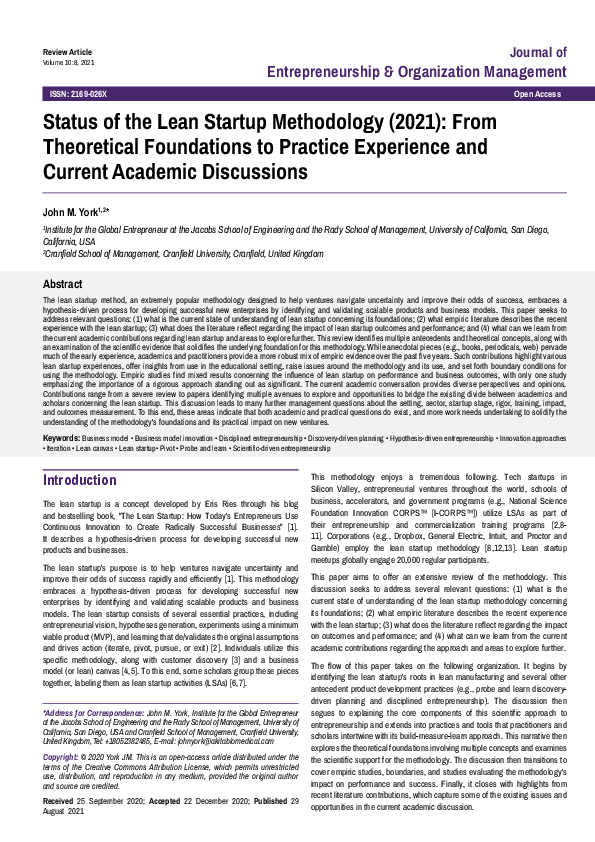 (PDF) Status of the Lean Startup Methodology (2021): From Theoretical ...