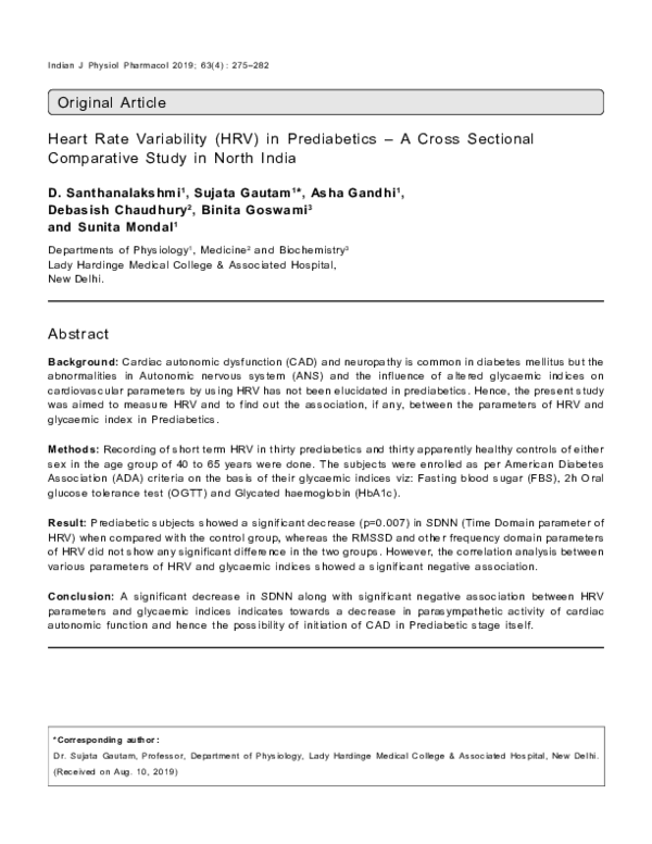 (PDF) Heart Rate Variability (HRV) in Prediabetics – A Cross Sectional ...