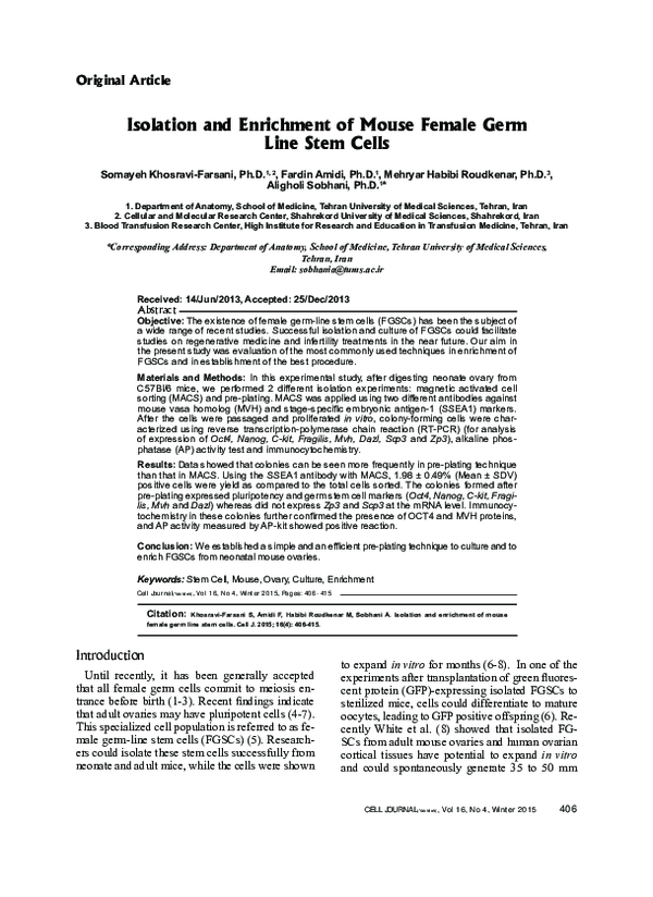 (PDF) Isolation and Enrichment of Mouse Female Germ Line Stem Cells