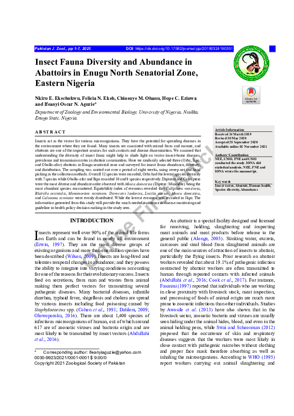 (PDF) Insect Fauna Diversity and Abundance in Abattoirs in Enugu North ...