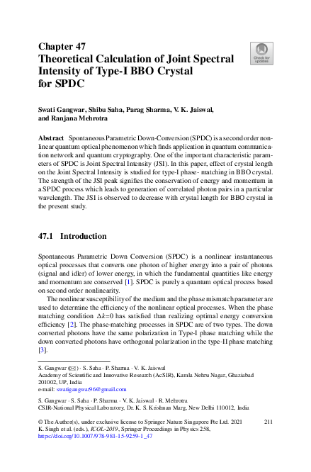 Theoretical Calculation of Joint Spectral Intensity of Type-I BBO ...