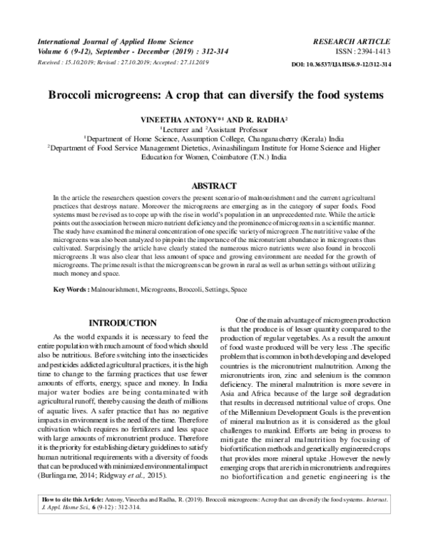 (PDF) Broccoli microgreens : A crop that can diversify the food systems