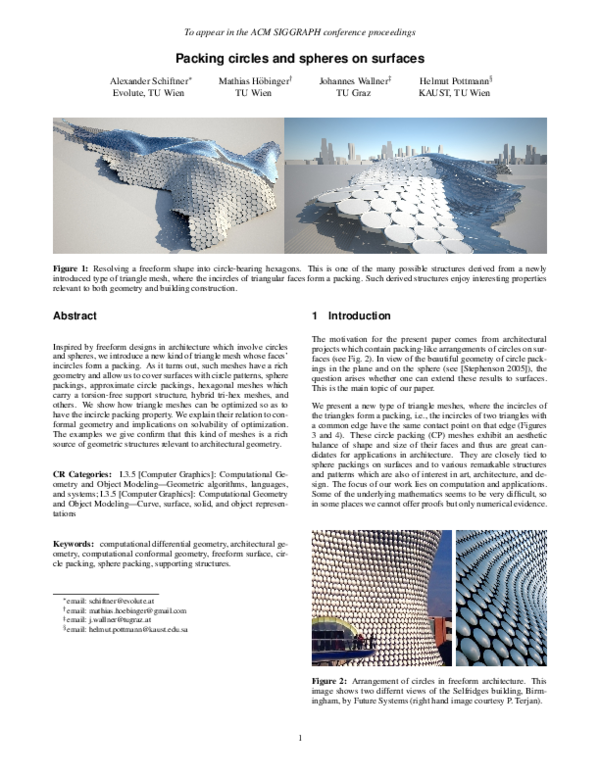 (PDF) Packing circles and spheres on surfaces Helmut Pottmann