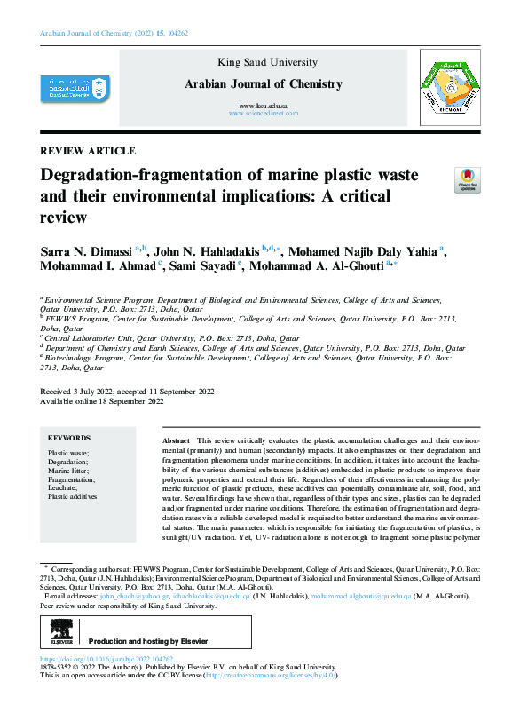 (PDF) Degradation-fragmentation of marine plastic waste and their ...
