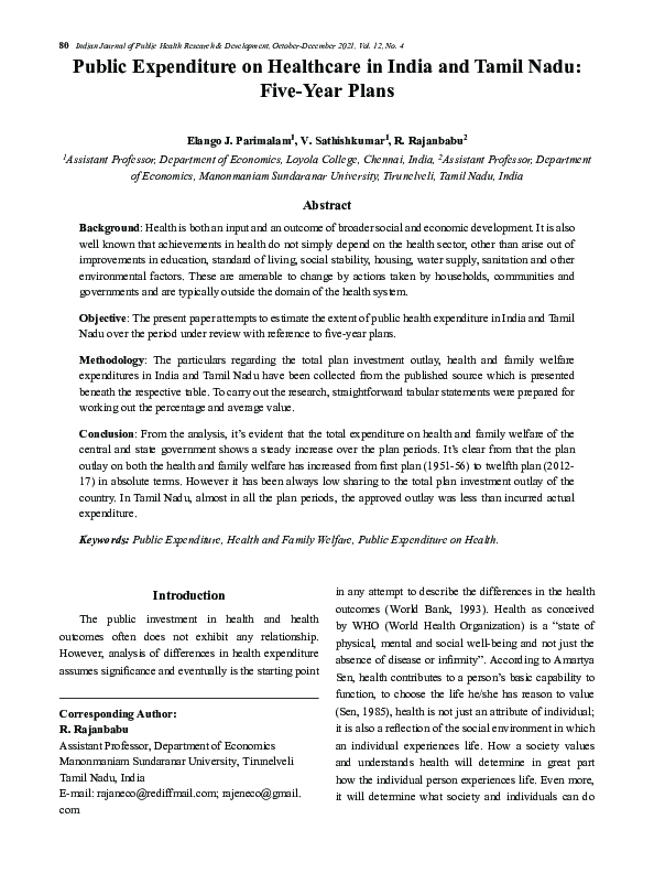 (PDF) Public Expenditure on Healthcare in India and Tamil Nadu: Five ...