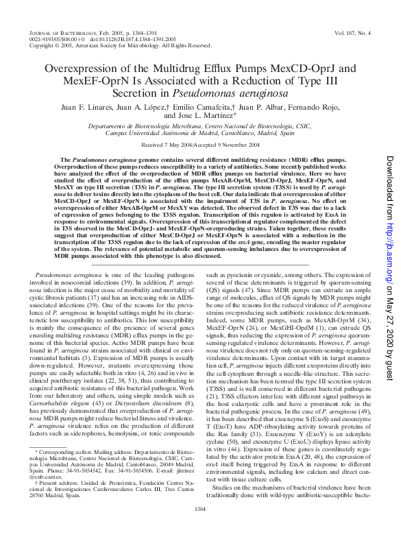 (PDF) Overexpression of the Multidrug Efflux Pumps MexCD-OprJ and MexEF ...
