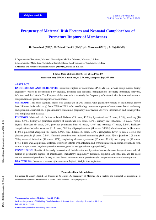 (PDF) Frequency of Maternal Risk Factors and Neonatal Complications of ...