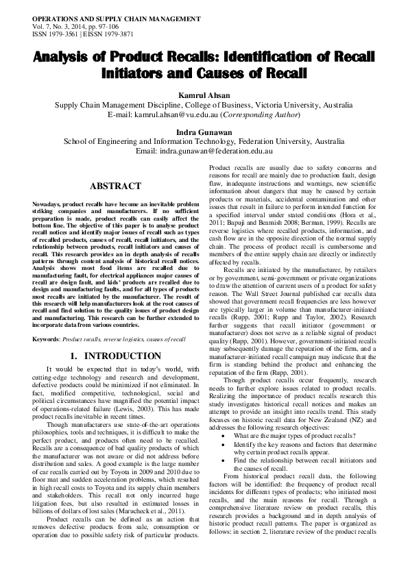 (PDF) Analysis of Product Recalls: Identification of Recall Initiators ...