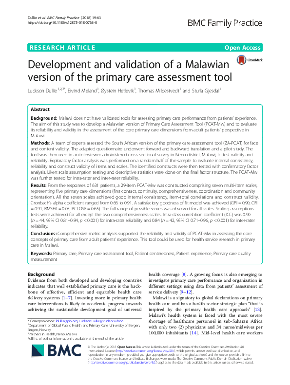 (PDF) Development and validation of a Malawian version of the primary ...