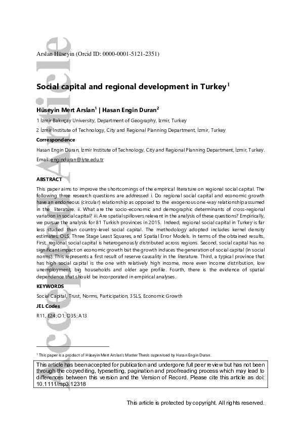 (PDF) Social capital and regional development in Turkey