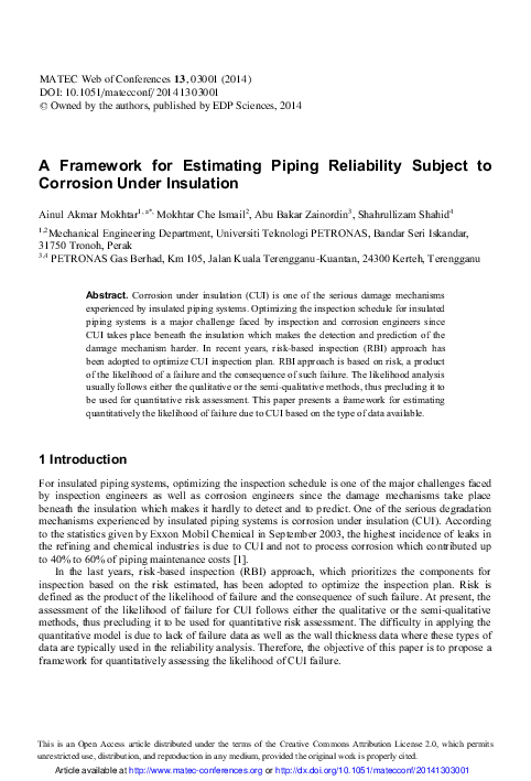 (PDF) A Framework for Estimating Piping Reliability Subject to ...