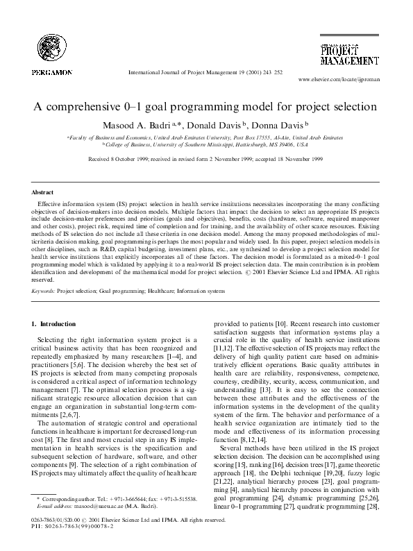 (PDF) A comprehensive 0–1 goal programming model for project selection