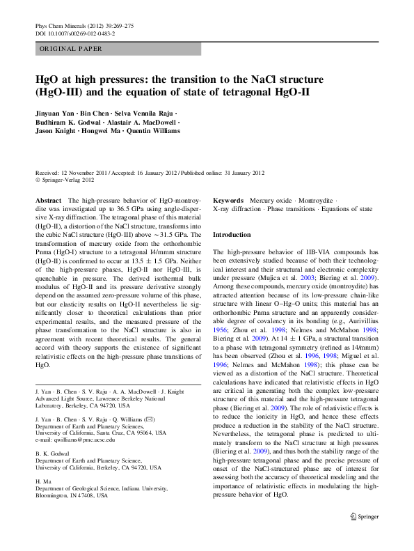 (PDF) HgO at high pressures: the transition to the NaCl structure (HgO ...