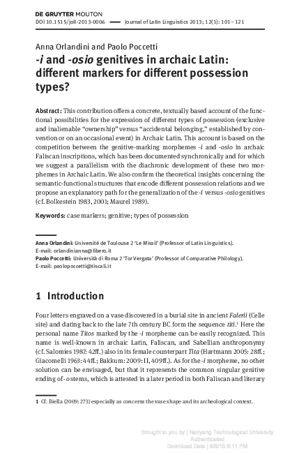 (PDF) i and -osio genitives in archaic Latin: different markers for ...
