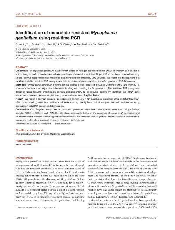 (PDF) Identification of macrolideresistant Mycoplasma genitalium using