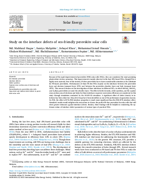(PDF) Study on the interface defects of eco-friendly perovskite solar cells