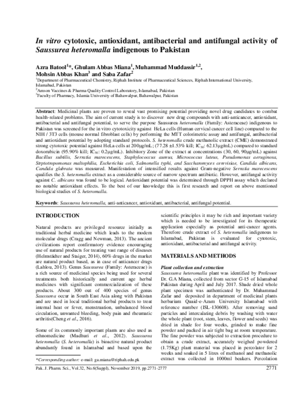 (PDF) In vitro cytotoxic, antioxidant, antibacterial and antifungal ...