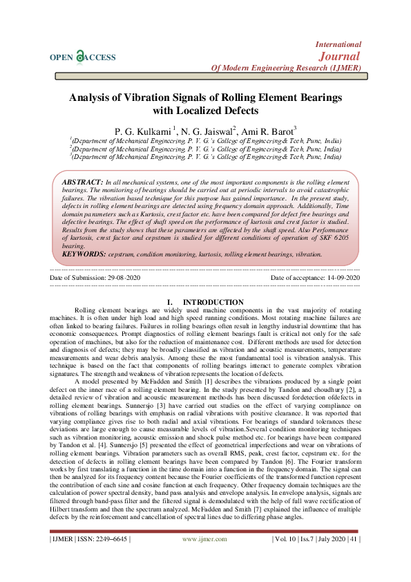 (PDF) Analysis of Vibration Signals of Rolling Element Bearings with ...