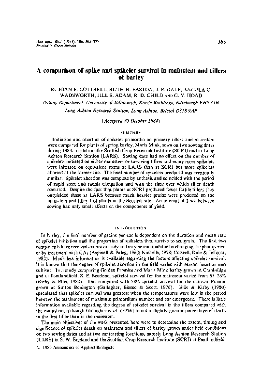 (PDF) A comparison of spike and spikelet survival in mainstem and tillers of barley Joan