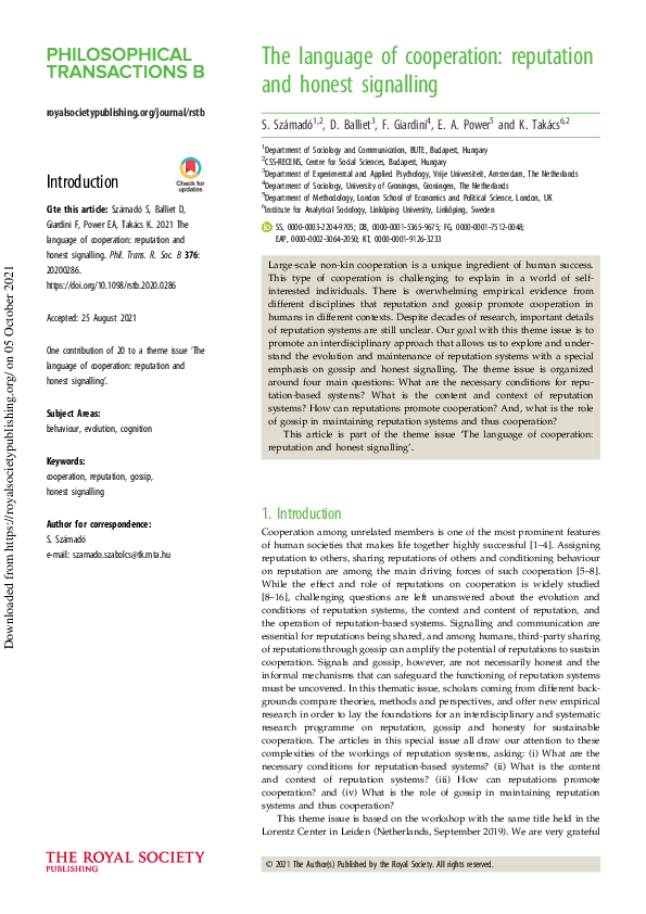 (PDF) The language of cooperation: reputation and honest signalling