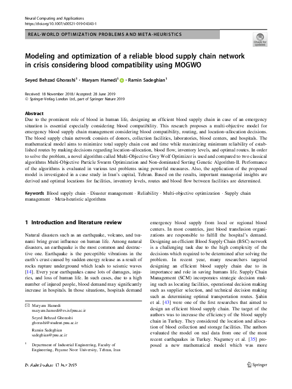 (PDF) Modeling and optimization of a reliable blood supply chain ...