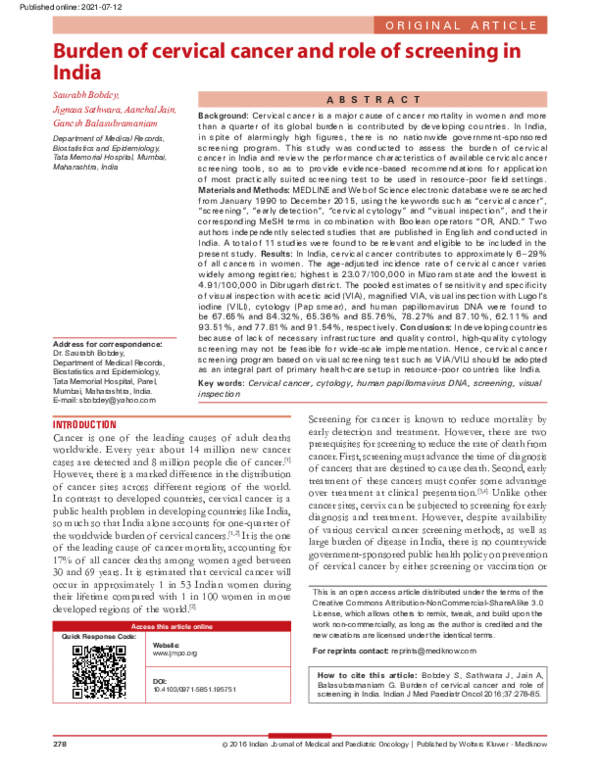(PDF) Burden of cervical cancer and role of screening in India