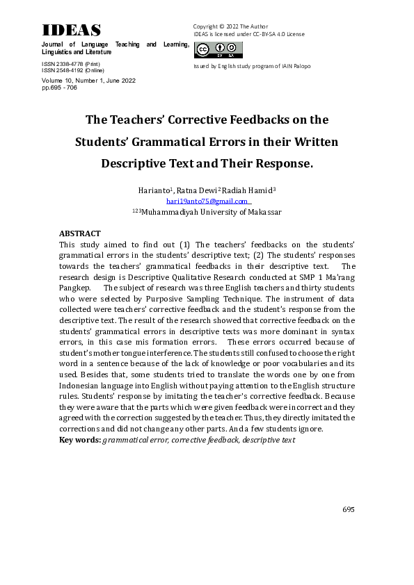 (PDF) The Teachers’ Corrective Feedbacks on the Students’ Grammatical ...