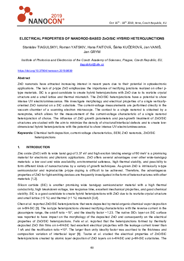 (PDF) ELECTRICAL PROPERTIES OF NANOROD-BASED ZnO/SiC HYBRID HETEROJUNCTIONS