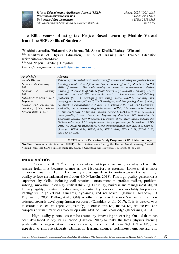 The Effectiveness of using the Project-Based Learning Module Viewed ...