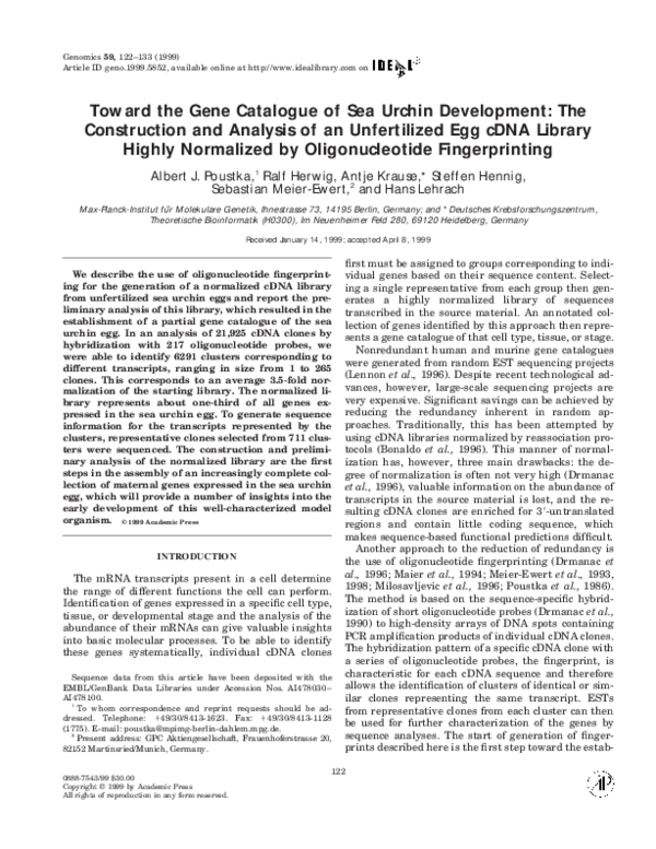 (PDF) Toward the Gene Catalogue of Sea Urchin Development: The ...